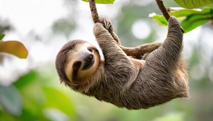 Adorable Baby Sloth Hanging Delicately amidst the Verdant Rainforest Canopy, Showcasing a Captivating Display of SlowPaced Grace and Cute Curiosity.