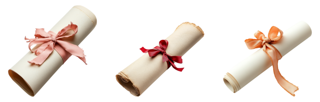 Three decorative scrolls tied with ribbons on a transparent background
