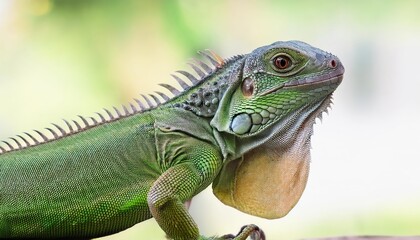 Fototapeta premium Striking Closeup of a Small Green Iguana Vibrant Reptile Detail Showcasing Scaly Textures and Bold Colors, Perfect for Digital Art, Home Decor, or Design Inspiration