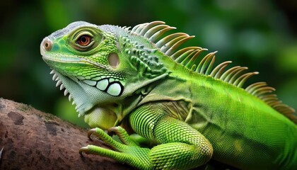 Fototapeta premium Vivid Closeup of a Small Green Iguana Exotic Reptile Basking in Lush Tropical Greenery, Showcasing Detailed Scales and Vibrant Colors