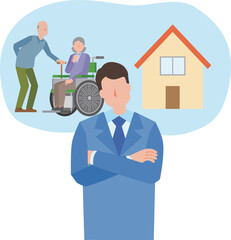 腕組みして両親のことを考える男性