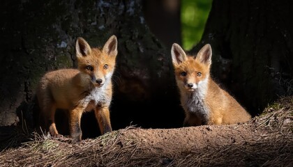 Fototapeta premium Enchanting Forest Encounter A Pair of Small Red Foxes Venture into the Dark Woodland under a Starlit European Nightscape at