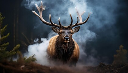 Fototapeta premium Striking Smoking Elk in Snowy Forest Landscape, Majestic Mammal Puffing Steam Against Frosty Backdrop, Showcasing Winter Wilderness Scene.