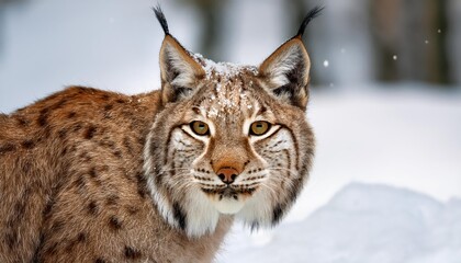 Fototapeta premium Striking Lynx Stroll in a Winter Wonderland Snowy European Forest Scene at Dawn on February ,