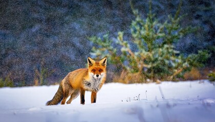 Fototapeta premium Stirring Snowstorm on a Winter Meadow Sheltered by Forest, Captivating Fox Amidst Swirling White Blizzard at Dusk