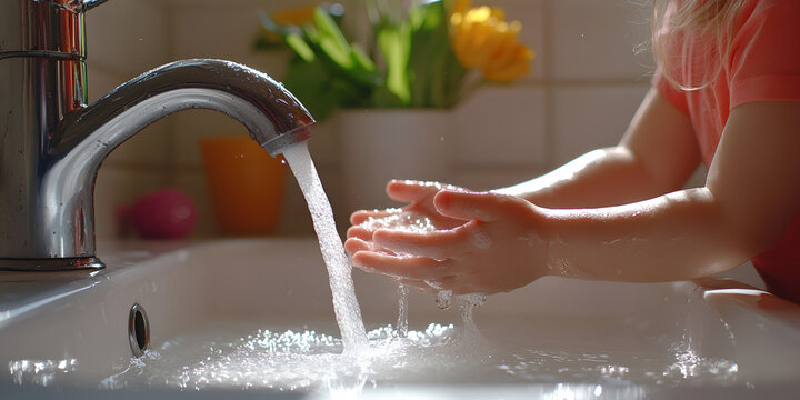 Child Washing Hands Under Running Water