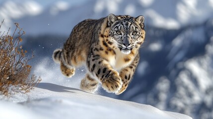 Fototapeta premium Snow Leopard Running, Mountain, Winter, Wildlife, Action