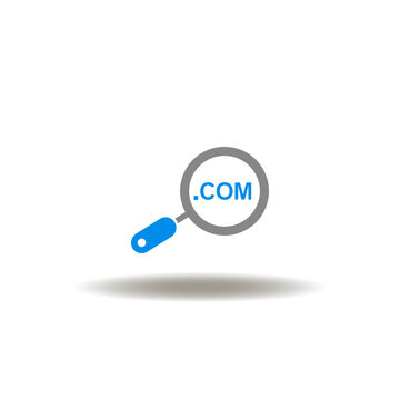 Vector illustration of magnifying glass with dot com. Symbol of dot com domain name registration.