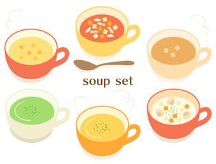 コーンスープやミネストローネなどのスープのイラストのセット