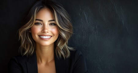 A woman with long brown hair and a black jacket is smiling