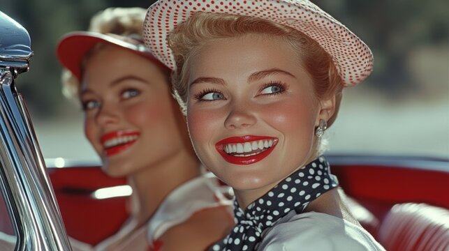 Two friends radiate happiness while driving in a classic convertible on a bright day. Their playful outfits and joyful expressions highlight a carefree, fun-filled moment together