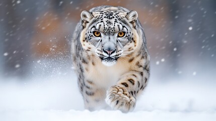 Fototapeta premium Snow leopard running, winter forest, snowfall, wildlife