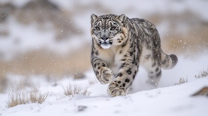 Naklejka premium Snow Leopard Running, Snowy Mountains, Wildlife