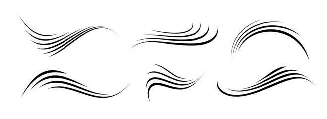 Wind motion line set. Flowing waves collection. Blowing hurricane, breeze or storm lines concept. Black swirls, curves and spirals bundle. Air movement and gust symbol pack. Vector