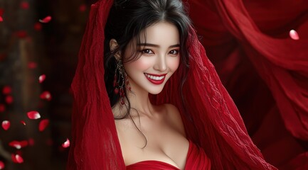 A woman in a red dress with a veil on her head