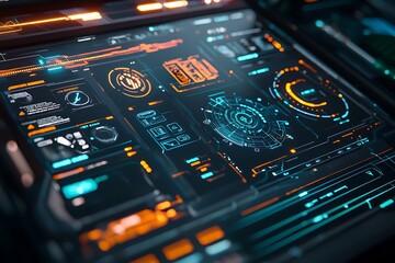 Obraz premium Futuristic technology interface with an abstract tech-inspired background, ideal for innovation themes