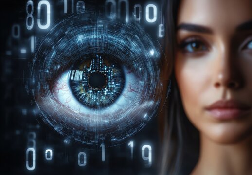 A woman's face is shown with a computerized eye