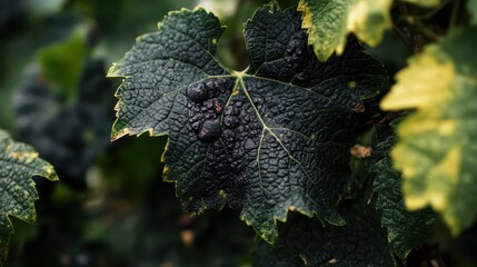 Grapevine Leaf with Disease: A close-up shot reveals a grapevine leaf afflicted with dark, clustered lesions, contrasting sharply with the surrounding healthy foliage.