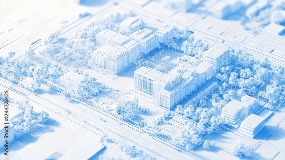 Poster a 3d rendering of an urban area with numerous buildings surrounded by many trees using a blue color 