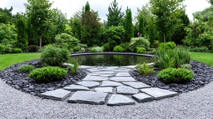 Obraz premium Serene garden pond, stone path, lush greenery. Landscaping design