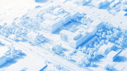 A 3D rendering of an urban area with numerous buildings surrounded by many trees using a blue color palette