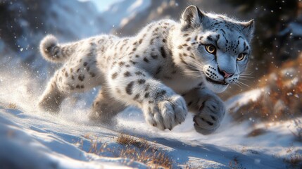 Fototapeta premium Snow leopard sprinting, snowy mountains, winter wildlife