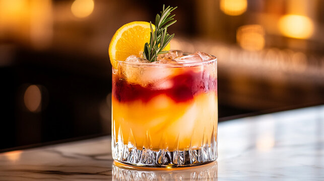 Refreshing citrus cocktail garnished with a dried orange slice and fresh mint leaves, served in a stylish glass with vibrant tropical colors