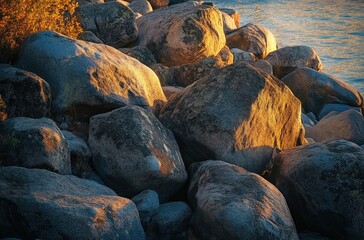 Obraz premium Golden Hour Rocks by the Lake: A Serene Sunset Landscape