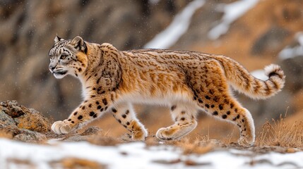 Obraz premium Snow leopard walking snowy mountain, wildlife