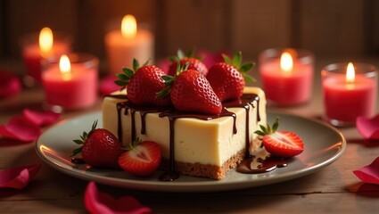 A delicious cheesecake topped with fresh strawberries and drizzled with chocolate, surrounded by rose petals and soft candlelight, creating a romantic atmosphere. Generative, AI,
