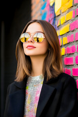 A stylish young woman in trendy streetwear, wearing oversized sunglasses, glossy lipstick, and sleek hair, posing against a vibrant graffiti wall in an urban setting