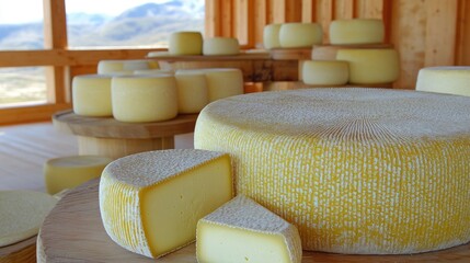 In a rustic mountain environment, various types of artisan cheese are displayed on wooden tables