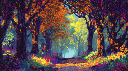 Fototapeta premium Whispering woods, a surreal forest where trees share forgotten languages in vibrant pixel art, unveiling the secrets of ancient wisdom hidden in their bark. Forgotten Languages & Glyphs. Illustration