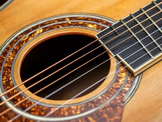 Obraz premium Acoustic Guitar Close-Up: Intricate Details of a Wooden Instrument.