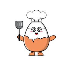 Adorable cartoon illustration of an egg character dressed as a chef, wearing a hat and glasses, holding a spatula