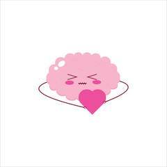 A cute pink brain character with a strained expression, tightly hugging a pink heart