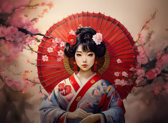 A serene woman in traditional East Asian attire, adorned with cherry blossoms, stands gracefully beneath a red parasol against a soft, warm background.