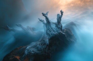 Enigmatic Driftwood: A Surreal Seascape at Dawn