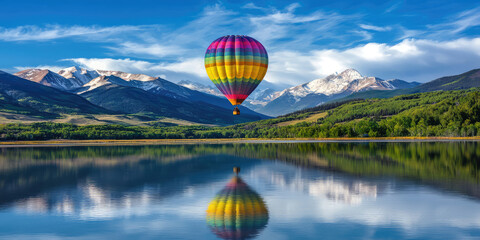 Multicolored hot air balloon takes off into the sky against a picturesque mountain scenery, entertainment, balloon flight, romantic date