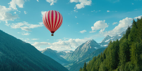 Fototapeta premium Multicolored hot air balloon takes off into the sky against a picturesque mountain scenery, entertainment, balloon flight, romantic date