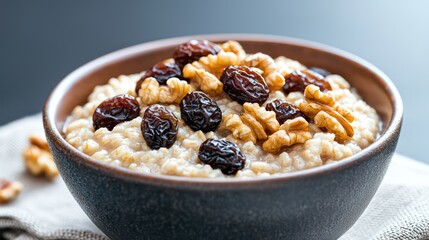 A bowl of oatmeal topped with raisins and walnuts, perfect for a nutritious breakfast.