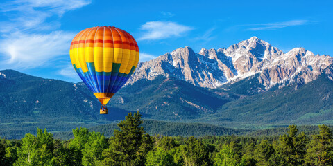 Multicolored hot air balloon takes off into the sky against a picturesque mountain scenery, entertainment, balloon flight, romantic date