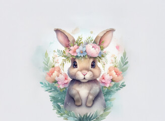 Adorable bunny wearing a flower crown, surrounded by foliage against a soft, light-grey background.  The image evokes springtime and gentleness.