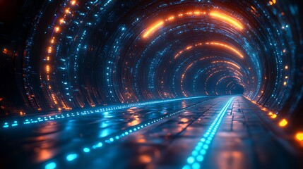 Obraz premium Futuristic tunnel, glowing lights, digital background, abstract artwork, sci-fi concept