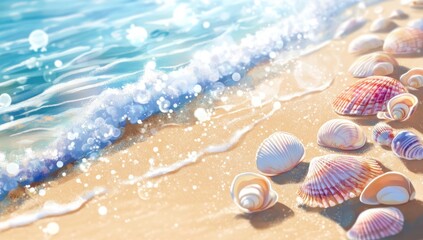 Obraz premium Seashells on Sandy Beach with Gentle Waves: A Summer Idyll