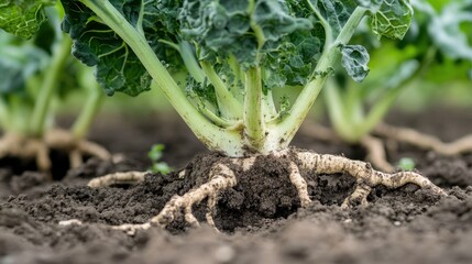 Roots of Life: A close-up view of a vibrant plant, its roots intricately entwined in the rich, dark soil. The verdant leaves and robust stem speak to the vitality of life. 