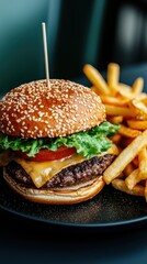 A delicious cheeseburger with lettuce, tomato, and fries on a black plate.