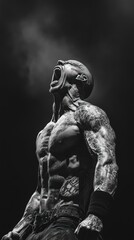 Black and White Monochromatic Portrait of Muscular Tattooed Man Roaring.
