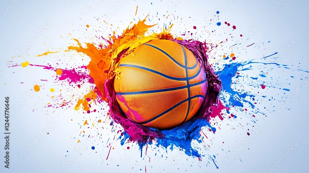 Poster basketball exploding with vibrant paint splashes in a dynamic colorful splash design