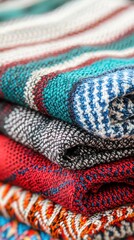 Fototapeta premium A stack of colorful woven textiles, showcasing intricate patterns and textures.